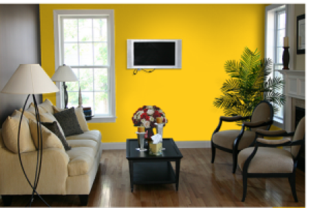 Living Room with little bright not eye hurting yellow colour on one wall combined withh light cream colour rest three walls.